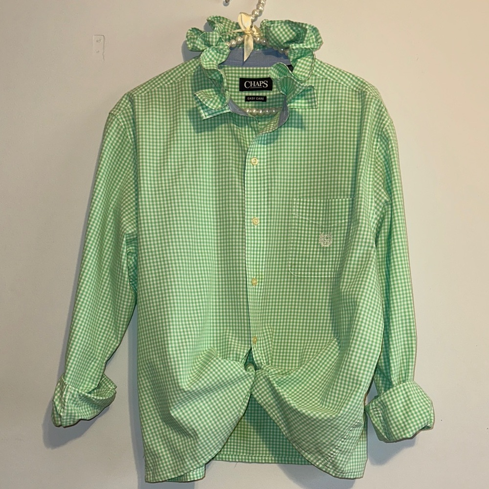 Chaps re-invented ruffled collar Green Gingham Button-Down Shirt